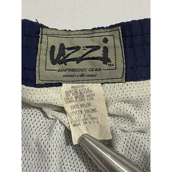 Vintage Uzzi Lifeguard Gear Shorts Size S Navy Blue Made in USA Button Fly Logo - Picture 3 of 6
